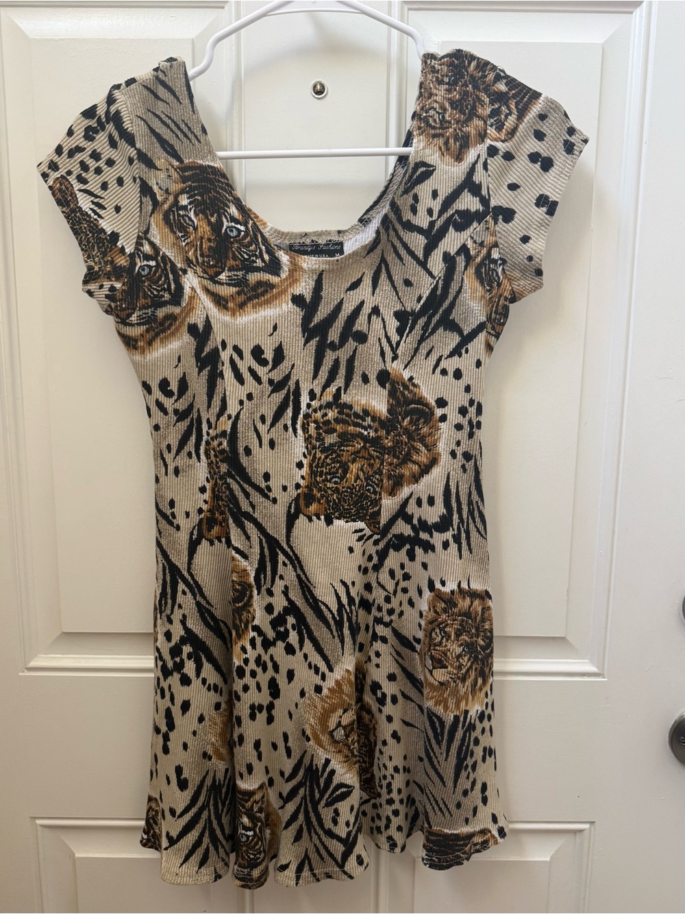 Vintage 90s Beige and Black Animal Print Cotton Mini Dress